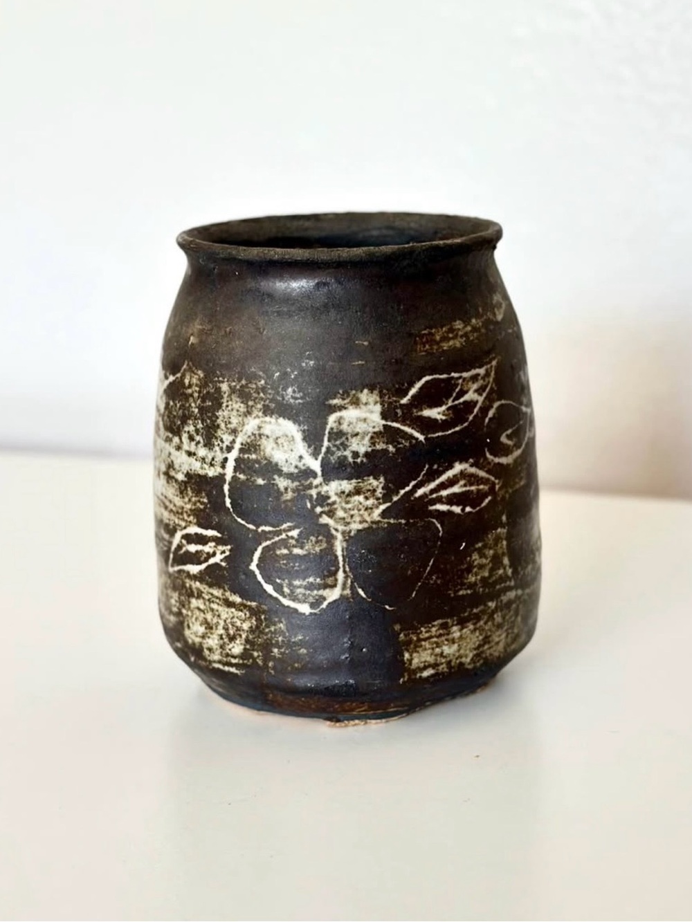 Vintage Studio Pottery Etched Floral Sgraffito Pot